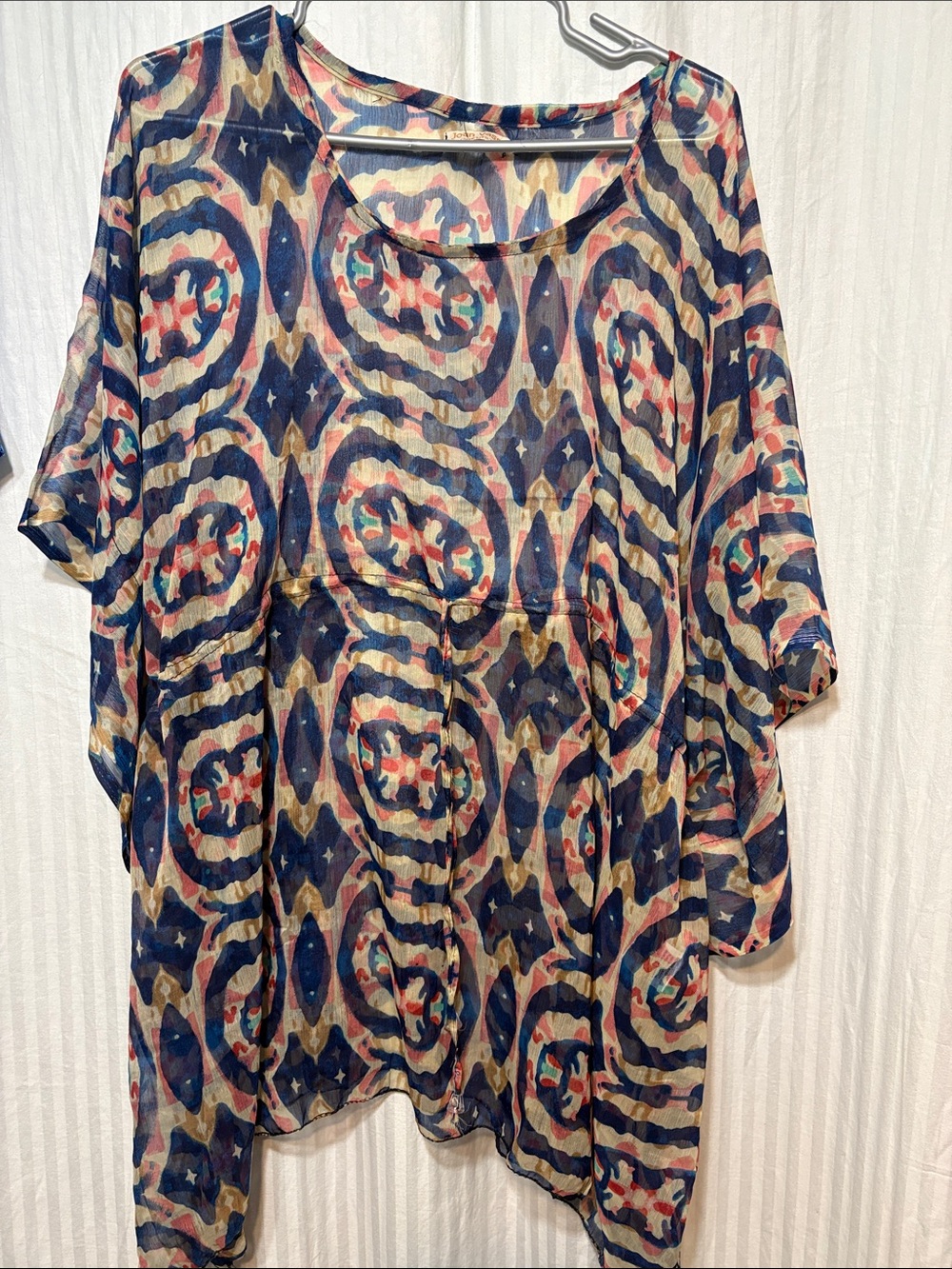 Joan Vass Navy, Cream & Red Abstract Dolman Tunic
